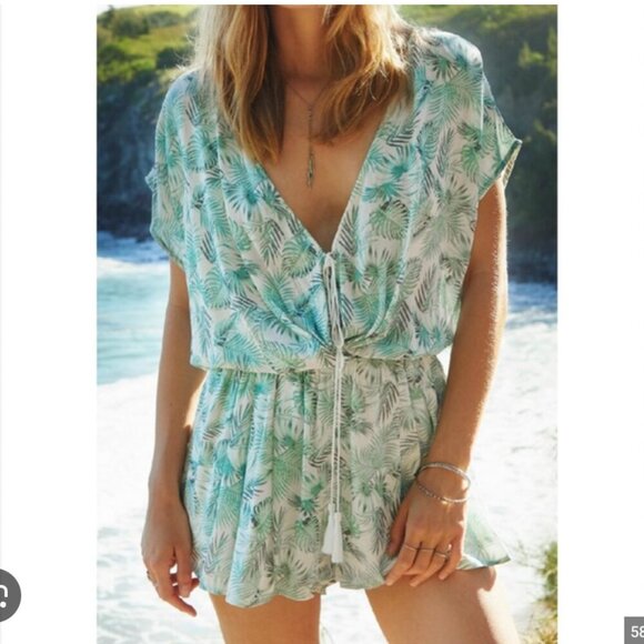 Rails Romper Womens Small Green Palm Print Vera Short Sleeve V Neck Viscose - Picture 1 of 5